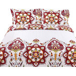 Collection - Casablanca Boho Paisley Red White Quilt Bedspread Set, Twin - Share your sleepy day or night with the one that you love the most underneath our  Collection Casablanca Boho Patchwork Quilt Set, Floral, White & Red, 2-3-Pieces. This elegantly designed light weight patchwork quilt set is ideal for any home that wishes for spring to come forward and is too eager in love with their bedding ""ough" I mean lover. It is finished off with a light red & white bohemian sun flower mixture to complete this look. Backside is completely solid white for a simplistic look! Made with polyester microfiber and contains 50% cotton and polyester filling created for your comfort for the softest and coziest material.
