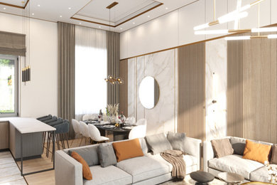 Large minimalist open concept vinyl floor, brown floor and wall paneling living room photo in Other with white walls, a standard fireplace, a stone fireplace and a wall-mounted tv