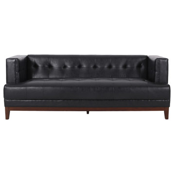 Stefan Mid Century Faux Leather Tufted 3 Seater Sofa, Midnight + Espresso