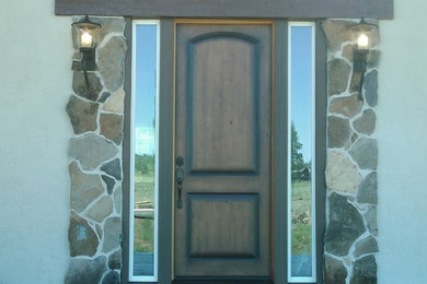 Transitional dark wood floor and brown floor single front door photo in Other