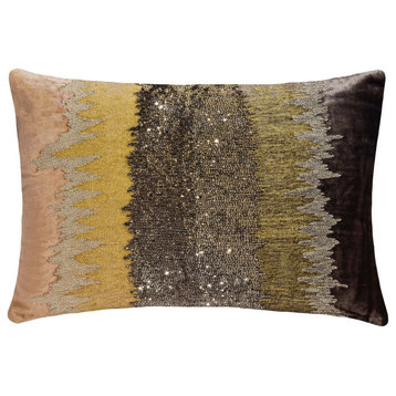 Gray Gold Velvet 12"x20" Lumbar Pillow Cover, Zardozi Embroidery Beaded Zari