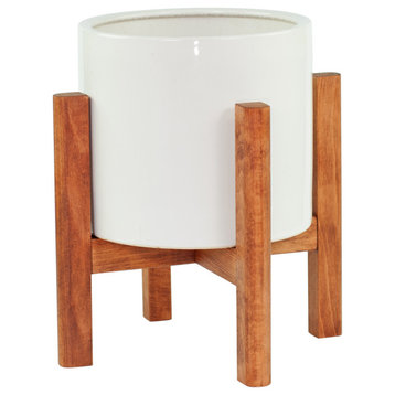 Large Ceramic Cylinder Pot 10'' White With Wood Plant Stand Walnut Color