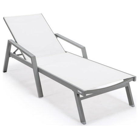 LeisureMod Marlin Patio Chaise Lounge Chair With Arms Gray Frame, White