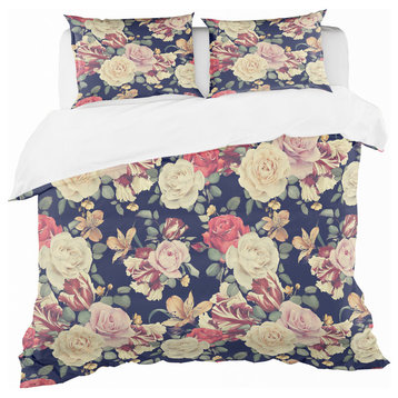Colorful Roses Floral Pattern Bohemian and Eclectic Duvet Cover, Queen