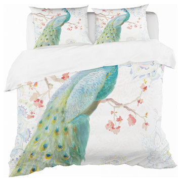 Peacocks Watercolor I Traditional Duvet Cover Set, Twin
