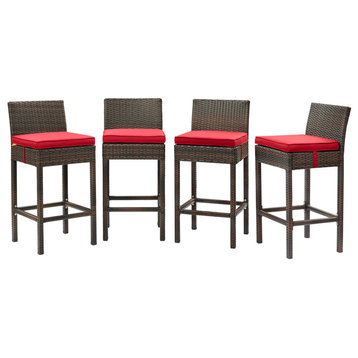 Modern Outdoor Patio Bar Stool Chair, Set of Four, Fabric Rattan, Brown Red