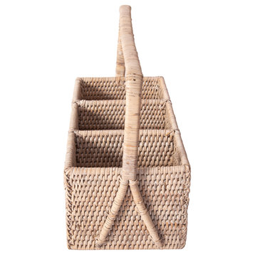 Artifacts Rattan™ 3 Section Caddy/Cutlery Holder with Handle, White Wash
