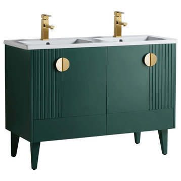 Venezian Single Bathroom Vanity, Green, 48", Satin Brass Handles, Two Sinks
