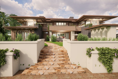 Inspiration for a large modern multicolored two-story wood and clapboard exterior home remodel in San Diego with a white roof