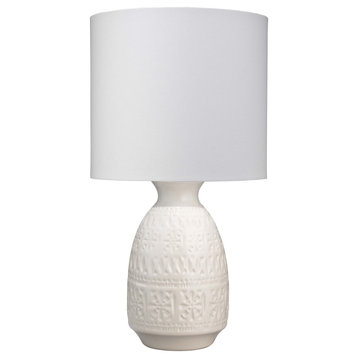 Frieze Table Lamp, White Ceramic With Drum Shade, White Linen