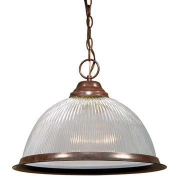Traditional 1-Light 15" Pendant In Old Bronze Finish With Clear Ribbed Glass