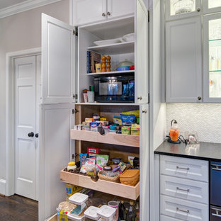 Transitional kitchen pantry remodeling - Transitional dark wood floor kitchen pantry photo in Atlanta with recessed-panel cabinets and white cabinets