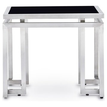 Plaza End Table Opaque Black Tempered Glass Top Brushed Stainless Steel Base