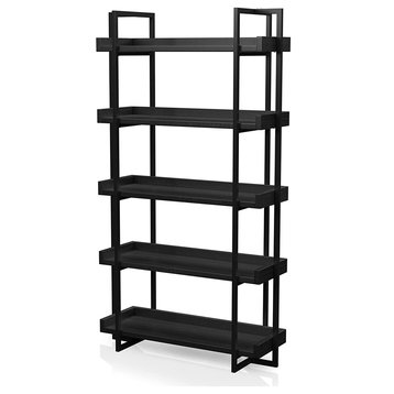 Rustic Industrial Bookcase, Metal Frame and Distressed Black Open Shelves