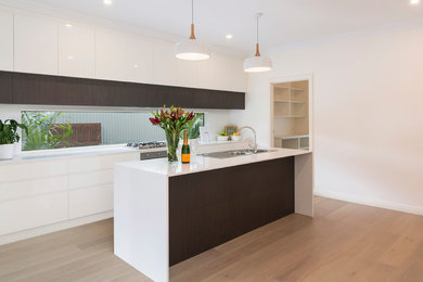 Mid-sized contemporary kitchen pantry in Adelaide with a drop-in sink, white cabinets, quartz benchtops, stainless steel appliances and with island.