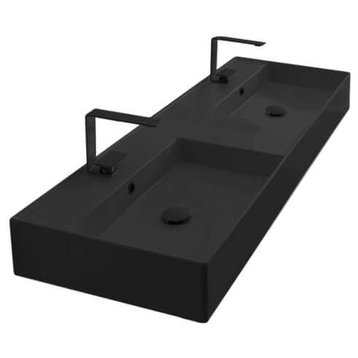 Double Matte Black Ceramic Wall Mounted or Vessel Sink, Two Hole