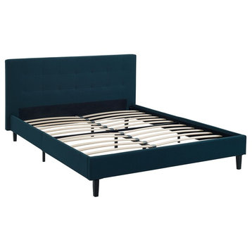 Modern Contemporary Urban Queen Size Platform Bed Frame, Navy Blue, Fabric Wood
