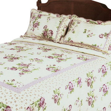 Rowena 100% Cotton 3PC Vermicelli-Quilted Patchwork Quilt Set (Full/Queen)