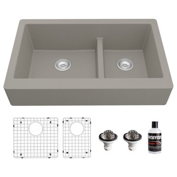 Karran Retrofit Farmhouse Quartz 34" Double Offset Bowl Sink Kit, Concrete