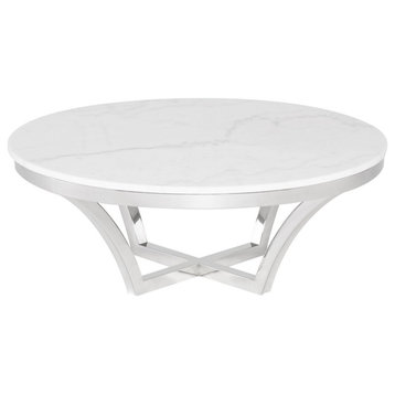 Aurora Coffee Table, White Marble Top Round Table, Polished Stainless Steel