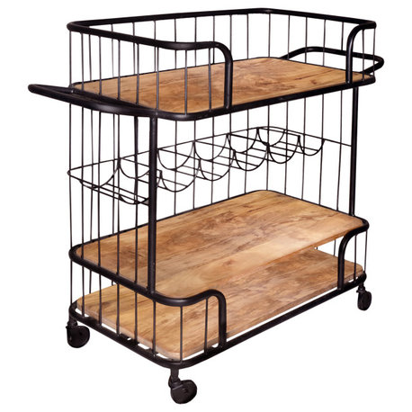 Metal Frame Bar Cart With Wooden Top And 2 Shelves, Black And Brown