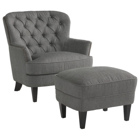 Contemporary Grey Fabric Club Chair and Ottoman Set, Padded Seat, Tufted Back