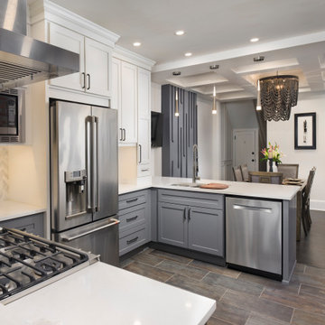 Modern Transitional Two-Tone Kitchen Remodel | White & Gray Cabinets, Brick
