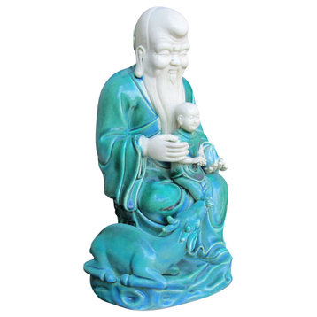 Unique Chinese Green Porcelain Sitting Longevity Man w/Kid Statue