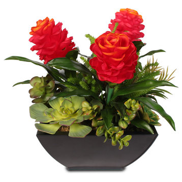 Silk Red Ginger and Artificial Succulents in a Modern Matte Finish Metal Planter