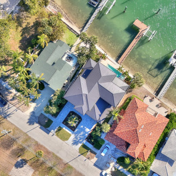 Aerial View of Waterfront Homes with Docks