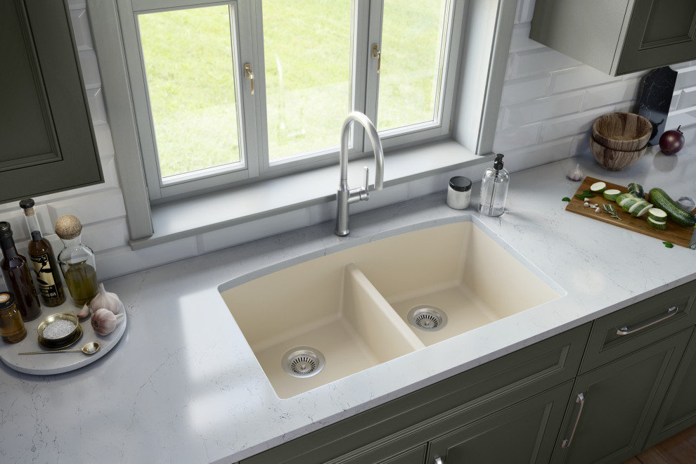 Karran Undermount Quartz 32" 50/50 Double Bowl Kitchen Sink, Bisque