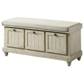 Rustic Storage Bench, Reversible Cushion & False Drawers Front, Distressed White