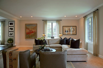 Large transitional formal carpeted living room photo in Chicago with beige walls