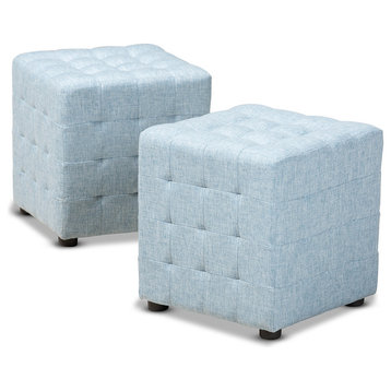 Jodene Light Blue Fabric Upholstered Tufted Cube Ottoman Set of 2