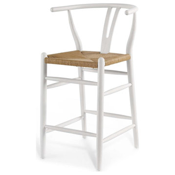 Mid Century Counter Stool, Paper Rope Seat and Cutaway Backrest, White, 1 Pack