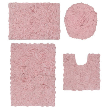 Bell Flower Collection Bath Rug, 4Pcs Set wth Toilet Lid Cover, Pink