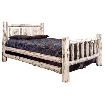 Montana Woodworks Wood California King Bed with Engraved Bear Design in Natural