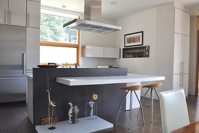 Mid-sized trendy l-shaped dark wood floor and brown floor eat-in kitchen photo in Denver with an undermount sink, flat-panel cabinets, beige cabinets, concrete countertops, white backsplash, stainless steel appliances and an island