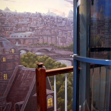 Paris Panorama 360 degree Mural hand painted throughout a 17 foot stairway
