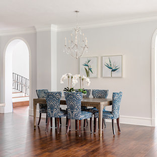 ヒューストンの広いトランジショナルスタイルのLDKの画像 (グレーの壁、濃色無垢フローリング、茶色い床、暖炉なし)