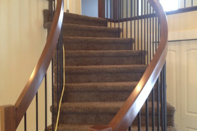 Staircase - small traditional carpeted curved wood railing staircase idea in Other with carpeted risers
