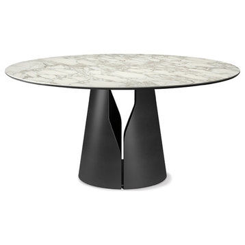 White Sintered Stone Top Dining Table With Solid Black Carbon Steel Base