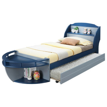 Benzara BM196886 Wooden Twin Size Bed with Open Storage Compartments, Blue