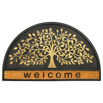 Natural Black Moulded Welcome Tree Half-round Rubber Doormat, 18"x30"