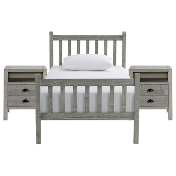 Windsor 3-Piece Wood Bedroom Set with Slat Twin Bed, Driftwood Gray, Twin