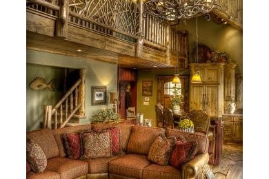 Large mountain style formal and open concept beige floor living room photo in Minneapolis with beige walls, no fireplace and no tv