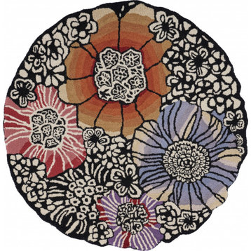 4' Round Red and Black Floral Area Rug