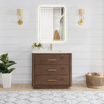 Vinnova Inc - Porto Bath Vanity with White Quartz Stone Top, Dark Brown Oak, 36 in., No Mirror - Transform your bathroom into a haven of style and sophistication with our Porto Series Freestanding Bathroom Vanity a piece that embodies fine craftsmanship and everyday practicality. This exquisite vanity combines the textured warmth and elegance of solid oak with pristine white quartz, resulting in a look that's both inviting and visually captivating. Deep dovetail drawers with partitions allow you to keep your essentials concealed and organized.
