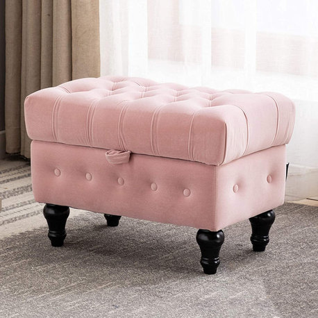 Button Tufted Storage Velvet Ottoman, Pink