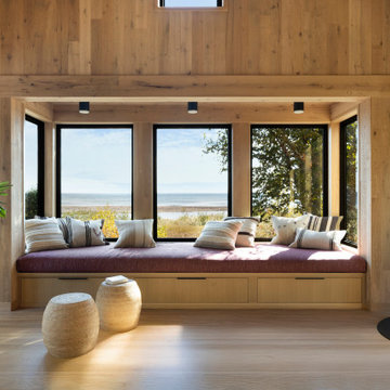 White Oak Paneling and Beams in Modern Rustic Window Seat Nook